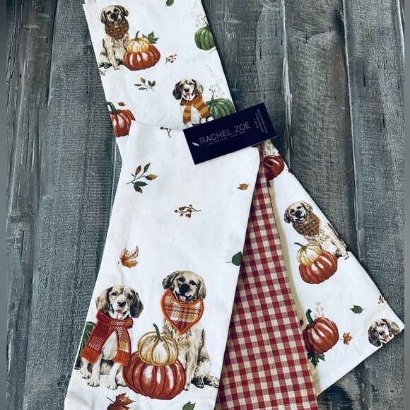 Fall Dogs Embroidered Rachel Zoe Kitchen Dish Towels 3-pc Set - Picture 1 of 2